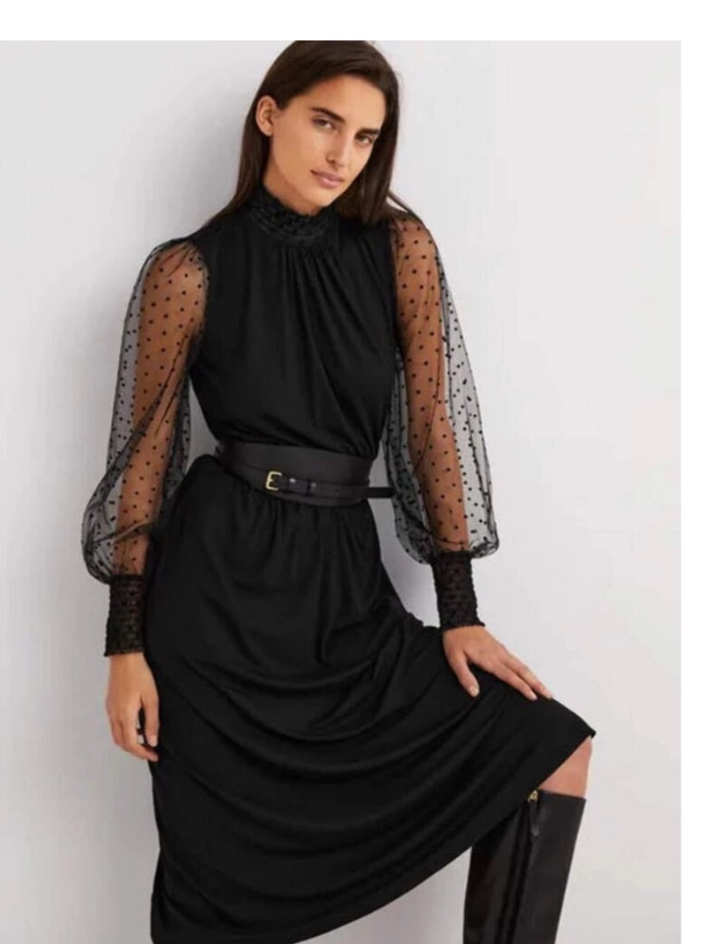 Boden Black Midi Dress with Sheer Polka-Dot Tulle Sleeves